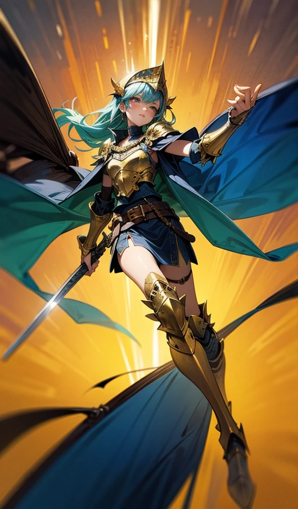 Fantasy world warrior with detailed armor, wielding a sword, vibrant colors, dynamic pose, and a skirt. The armor features golden accents, emerald inlays, shoulder pauldrons, chest plate with dragon motif, elbow guards, knee guards, shin guards, leather straps, metal buckles, chainmail underlayer, gauntlets with runes, plumed helmet, decorative belt, flowing cape, thigh-high boots, ornate scabbard, gem-encrusted hilt, floral patterns, and silk lining.