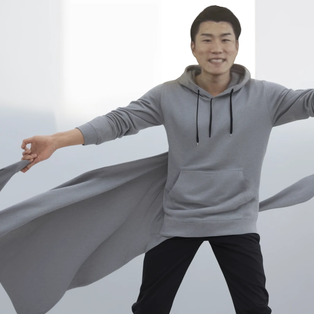 Male whole body、upright、Gray hoodie、Long sleeves、Detailed hands、Asian、Pure white background、With arms outstretched、Wearing black pants、Long length、Black sneakers、Both arms are straight、joint、Natural Joints