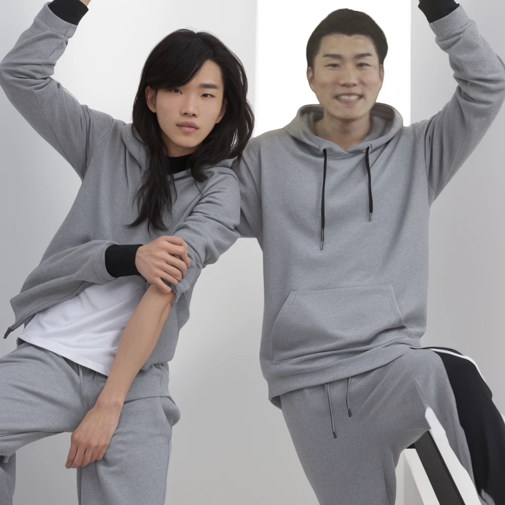Male whole body、upright、Gray hoodie、Long sleeves、Detailed hands、Asian、Pure white background、With arms outstretched、Wearing black pants、Long length、Black sneakers、Both arms are straight、joint、Natural Joints