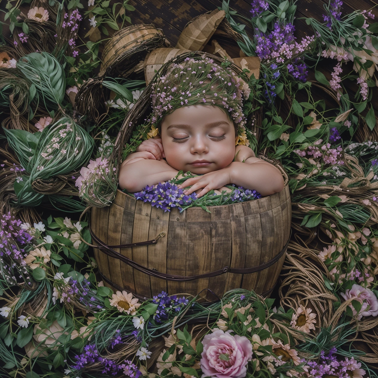 there is a baby sleeping in a wooden barrel surrounded by flowers, inspired by Anne Geddes, wrapped in flowers, adorned with all kind of plants, dreamy and detailed, covered in plants, maternal photography 4 k, anna nikonova, photo of a beautiful, wrapped in cables and flowers, photo taken with nikon d750