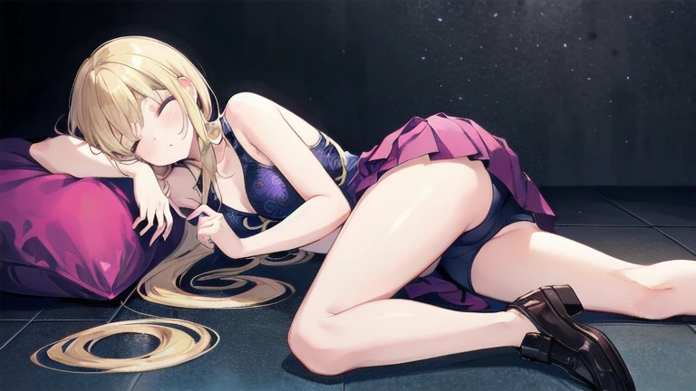 floor、Short skirt,Clothes with intricate details,pattern,Swimsuit,one person,blond,Sexy、Deep sleep、long hair、Stockings
