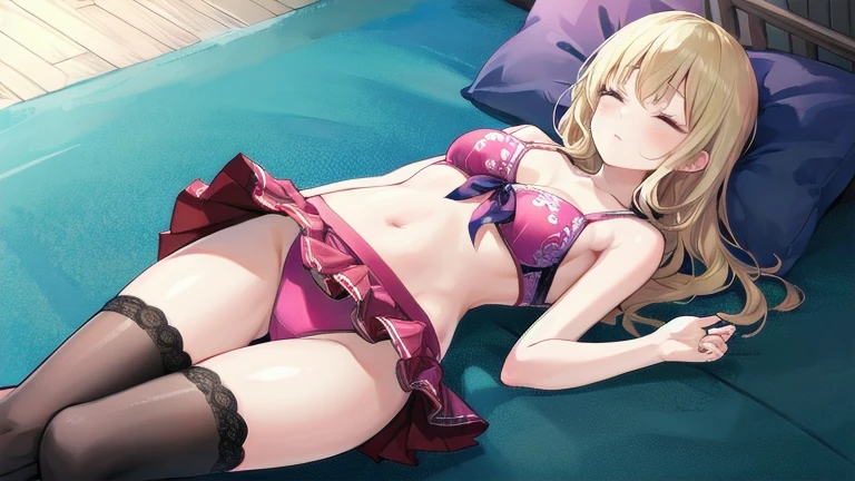 floor、Short skirt,Clothes with intricate details,pattern,Swimsuit,one person,blond,Sexy、Deep sleep、long hair、Stockings