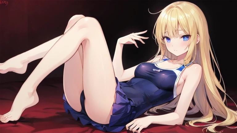 floor、Short skirt，Clothes with intricate details，pattern，Swimsuit，one person，blond，Sexy、Deep sleep、long hair、Stockings