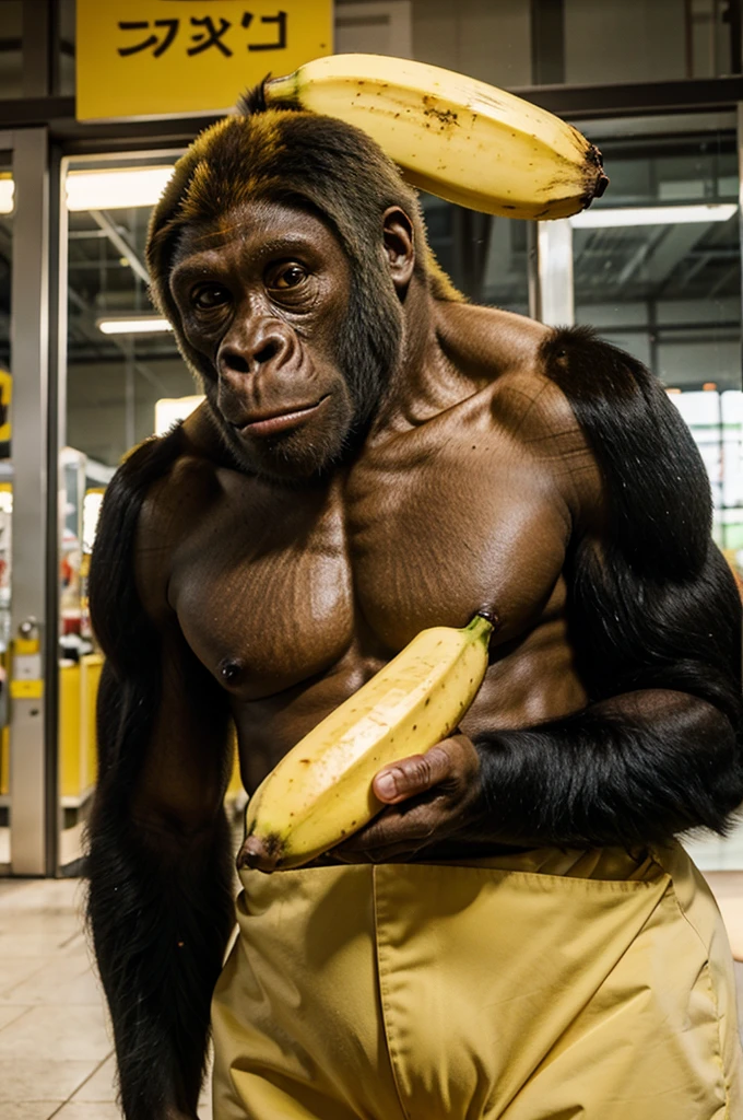 A yellow gorilla holding a banana in anime style 