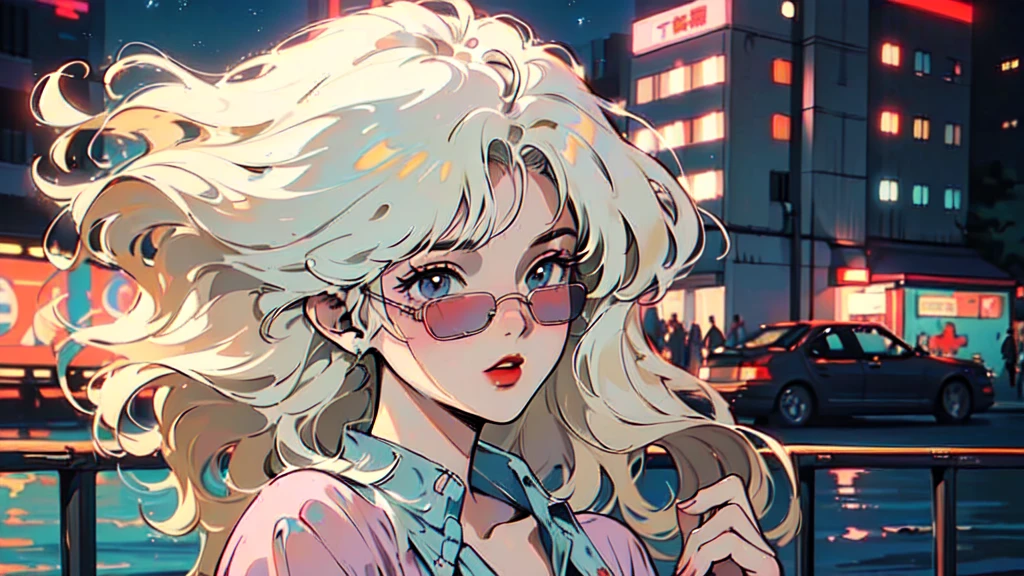 (80's, Retro, City Pop:1.5), (Album cover), (masterpiece, Highest quality, Exquisite detail), (anime, figure), (pastel colour:1.3), Best Photo Poses, Dynamic Angle,girl, alone, cool, Delicate face, Wearing sunglasses, Blonde Hair, Cityscape, City of night,