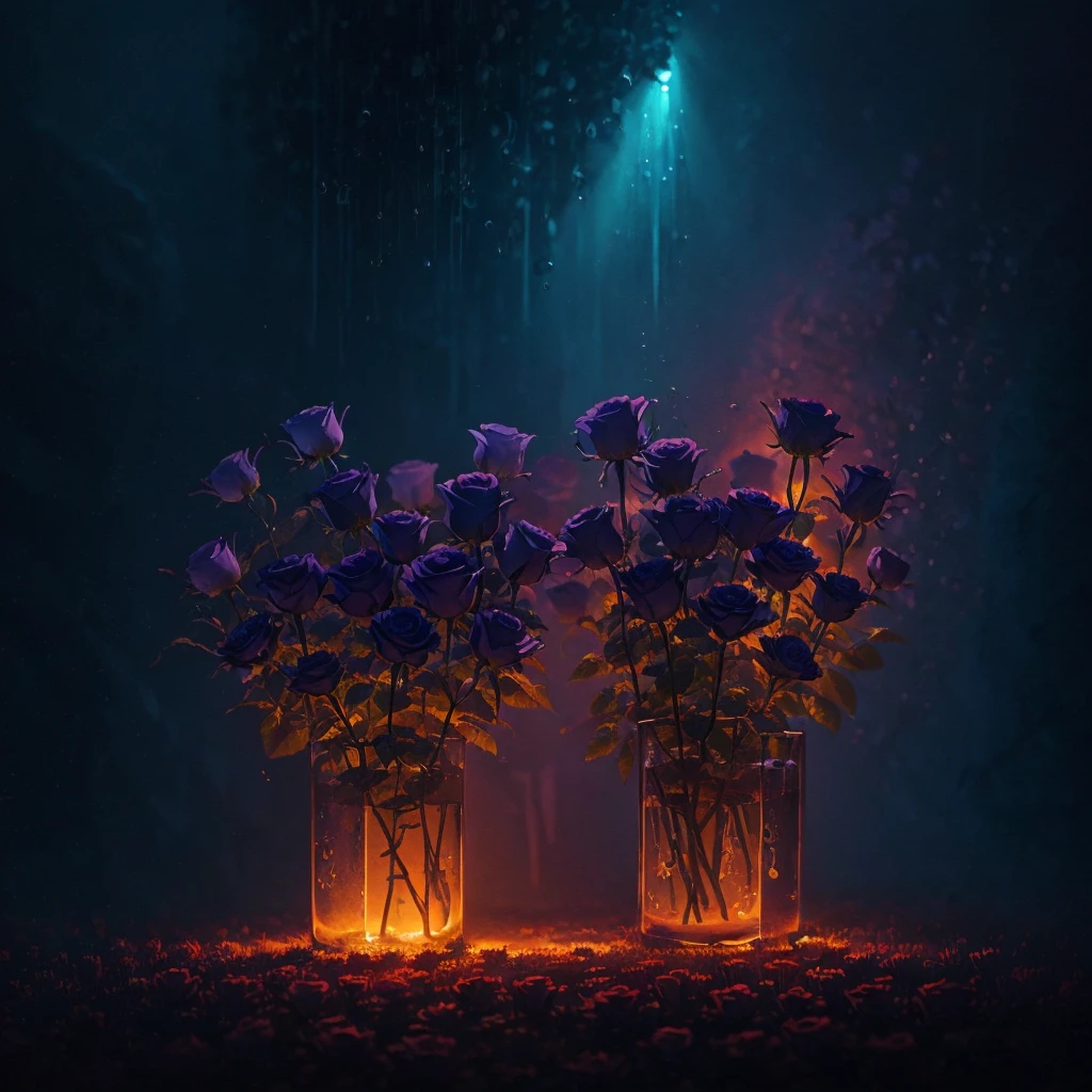 three purple roses with water droplets on them in a dark background, glowing flowers, translucent roses ornate, magical flowers, luminous flowers, beautiful flowers and crystals, beautiful!!! digital art, beautiful!!!!!!!!!, magical colorful flowers, ❤🔥🍄🌪, glowing neon flowers, elegant!!, beautiful depiction, fantasy gorgeous lighting, very beautiful lighting, glowing delicate flower, roses