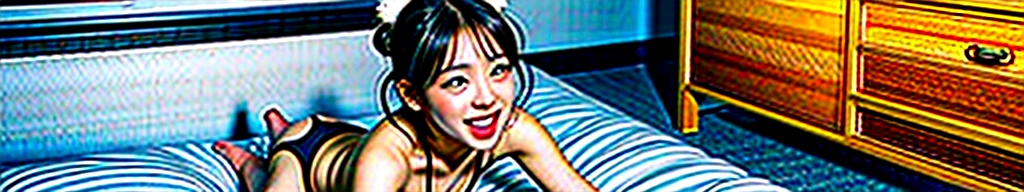 Naked cheerleader , yawning with eyes closed , bun hair style , with black tiny demon horns, wearing necklace, on bed, kneeling with butts up, having sex