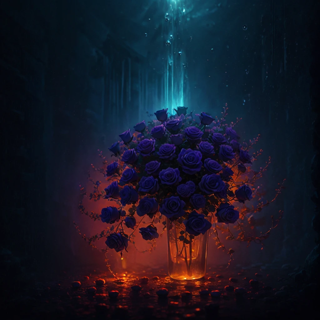 three purple roses with water droplets on them in a dark background, glowing flowers, translucent roses ornate, magical flowers, luminous flowers, beautiful flowers and crystals, beautiful!!! digital art, beautiful!!!!!!!!!, magical colorful flowers, ❤🔥🍄🌪, glowing neon flowers, elegant!!, beautiful depiction, fantasy gorgeous lighting, very beautiful lighting, glowing delicate flower, roses