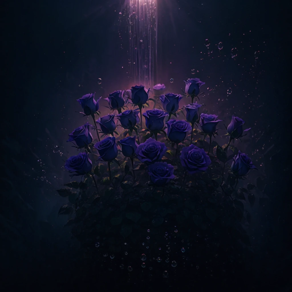 three purple roses with water droplets on them in a dark background, glowing flowers, translucent roses ornate, magical flowers, luminous flowers, beautiful flowers and crystals, beautiful!!! digital art, beautiful!!!!!!!!!, magical colorful flowers, ❤🔥🍄🌪, glowing neon flowers, elegant!!, beautiful depiction, fantasy gorgeous lighting, very beautiful lighting, glowing delicate flower, roses