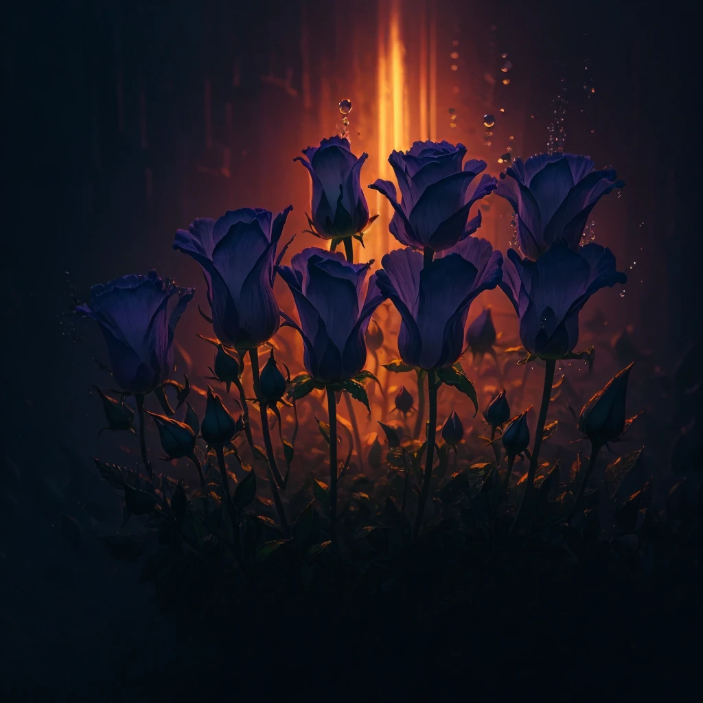 three purple roses with water droplets on them in a dark background, glowing flowers, translucent roses ornate, magical flowers, luminous flowers, beautiful flowers and crystals, beautiful!!! digital art, beautiful!!!!!!!!!, magical colorful flowers, ❤🔥🍄🌪, glowing neon flowers, elegant!!, beautiful depiction, fantasy gorgeous lighting, very beautiful lighting, glowing delicate flower, roses