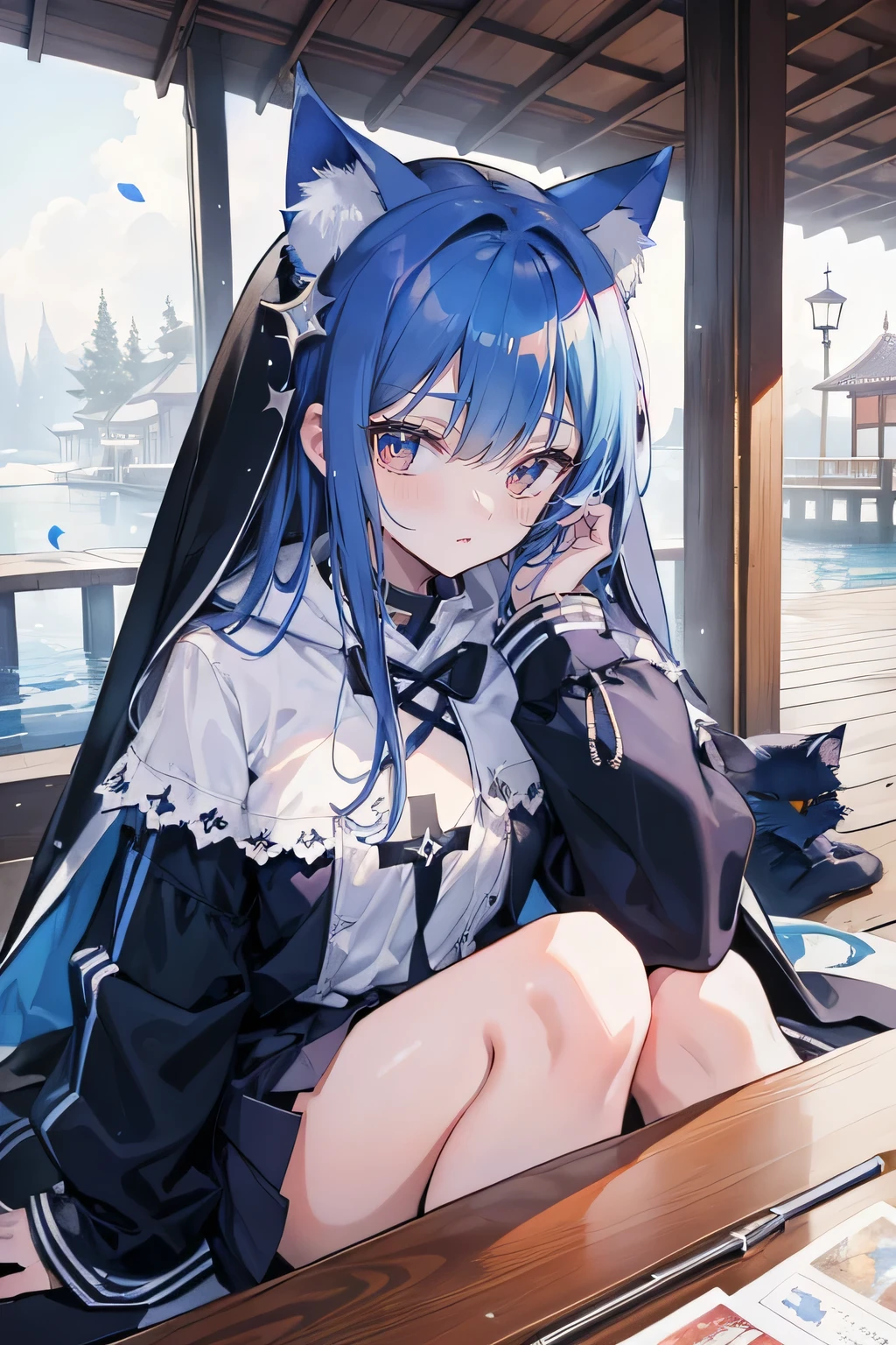 （masterpiece：1.2），Super detailed，lifelike，Expressive eyes，fair skin，perfect face shape，1 girl，
Japanese comics,Gorgeous blue hair,flowing blue hair,flowing clothes,Cat ears,Petals fall,beautiful lola,Baby Angel,
Shaking head with one hand，Cross your legs，Gentle and peaceful background，The pavilion is cool and comfortable,smile, wearing hoodie,back views,snowing, winter,lie on the water. (Best Quality: 1.3), (Masterpiece: 1.3), (Illustration: 1.3), (Ultra Detailed: 1.3), (Imide Lens: 0.9), 1girl, Medium Breasts, Purple Eyes, ((Dark Blue Hair) ), hair accessories, young, clothing-gladiia, long hair, dark blue hair, indoors, black shorts, high socks, low ponytail, expressionless, upper body, close-up, coat, skirt,Nun&#39;s Clothes。