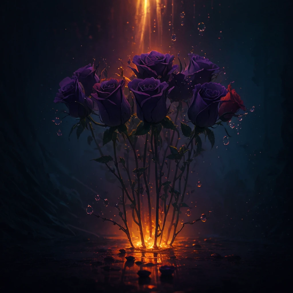 three purple roses with water droplets on them in a dark background, glowing flowers, translucent roses ornate, magical flowers, luminous flowers, beautiful flowers and crystals, beautiful!!! digital art, beautiful!!!!!!!!!, magical colorful flowers, ❤🔥🍄🌪, glowing neon flowers, elegant!!, beautiful depiction, fantasy gorgeous lighting, very beautiful lighting, glowing delicate flower, roses