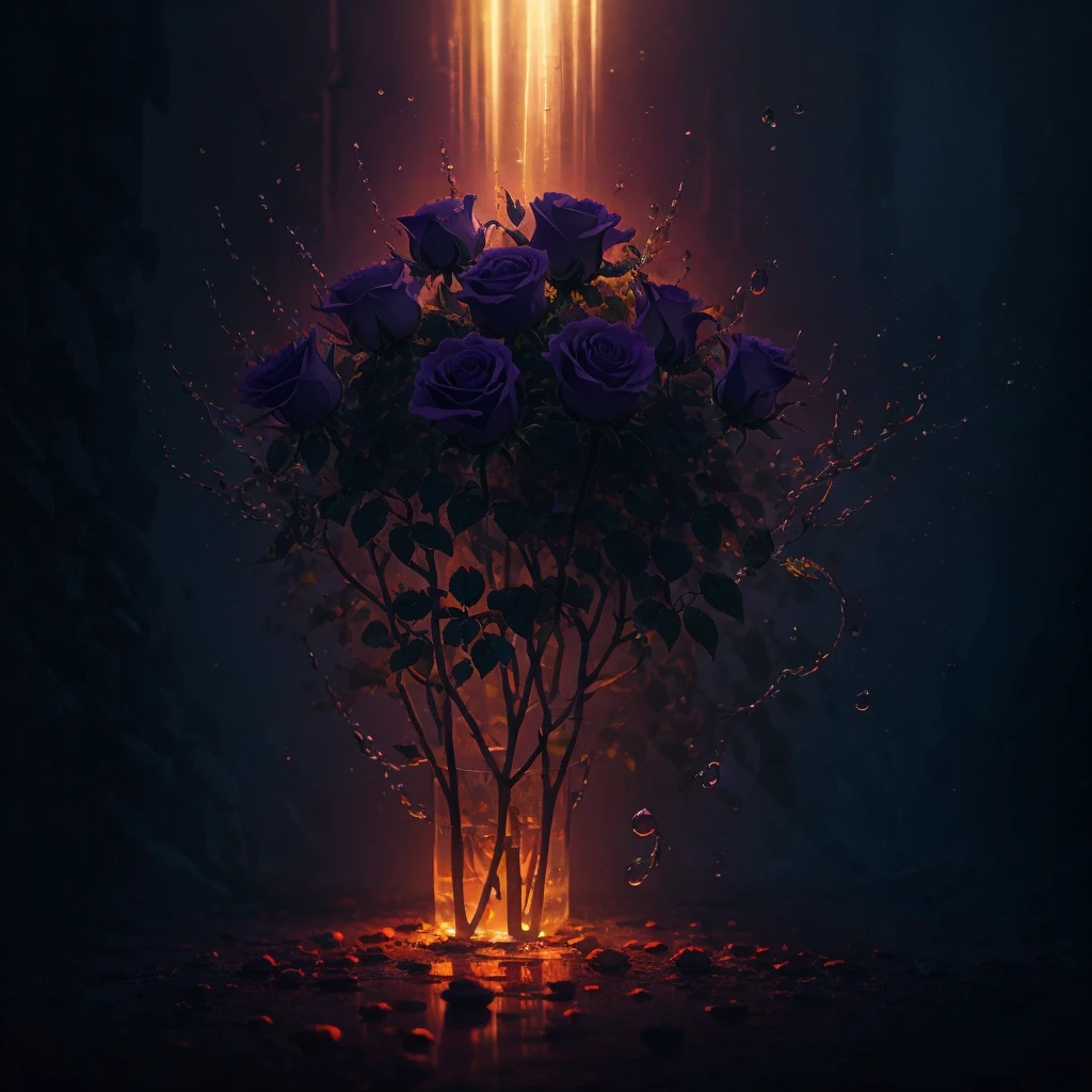 three purple roses with water droplets on them in a dark background, glowing flowers, translucent roses ornate, magical flowers, luminous flowers, beautiful flowers and crystals, beautiful!!! digital art, beautiful!!!!!!!!!, magical colorful flowers, ❤🔥🍄🌪, glowing neon flowers, elegant!!, beautiful depiction, fantasy gorgeous lighting, very beautiful lighting, glowing delicate flower, roses
