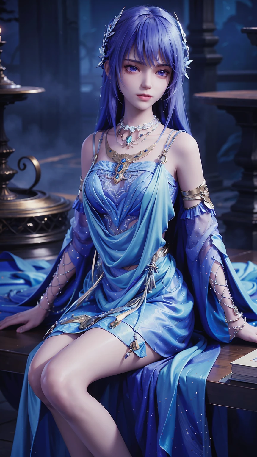 a beautiful young woman with long hair, wearing a nightgown, sitting on a bed, barefoot, in a dress, lying on her side, cross-legged, full body shot, (best quality,4k,8k,highres,masterpiece:1.2),ultra-detailed,(realistic,photorealistic,photo-realistic:1.37),beautiful detailed eyes,beautiful detailed lips,extremely detailed eyes and face,longeyelashes,natural lighting,warm tones,soft focus,portraits,chiaroscuro,depth of field