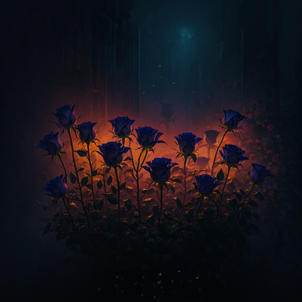 three purple roses with water droplets on them in a dark background, an airbrush painting by Shirley Teed, trending on deviantart, art nouveau, glowing flowers, translucent roses ornate, magical flowers, luminous flowers, beautiful flowers and crystals, beautiful!!! digital art, beautiful!!!!!!!!!, magical colorful flowers, ❤🔥🍄🌪, glowing neon flowers, elegant!!, beautiful depiction