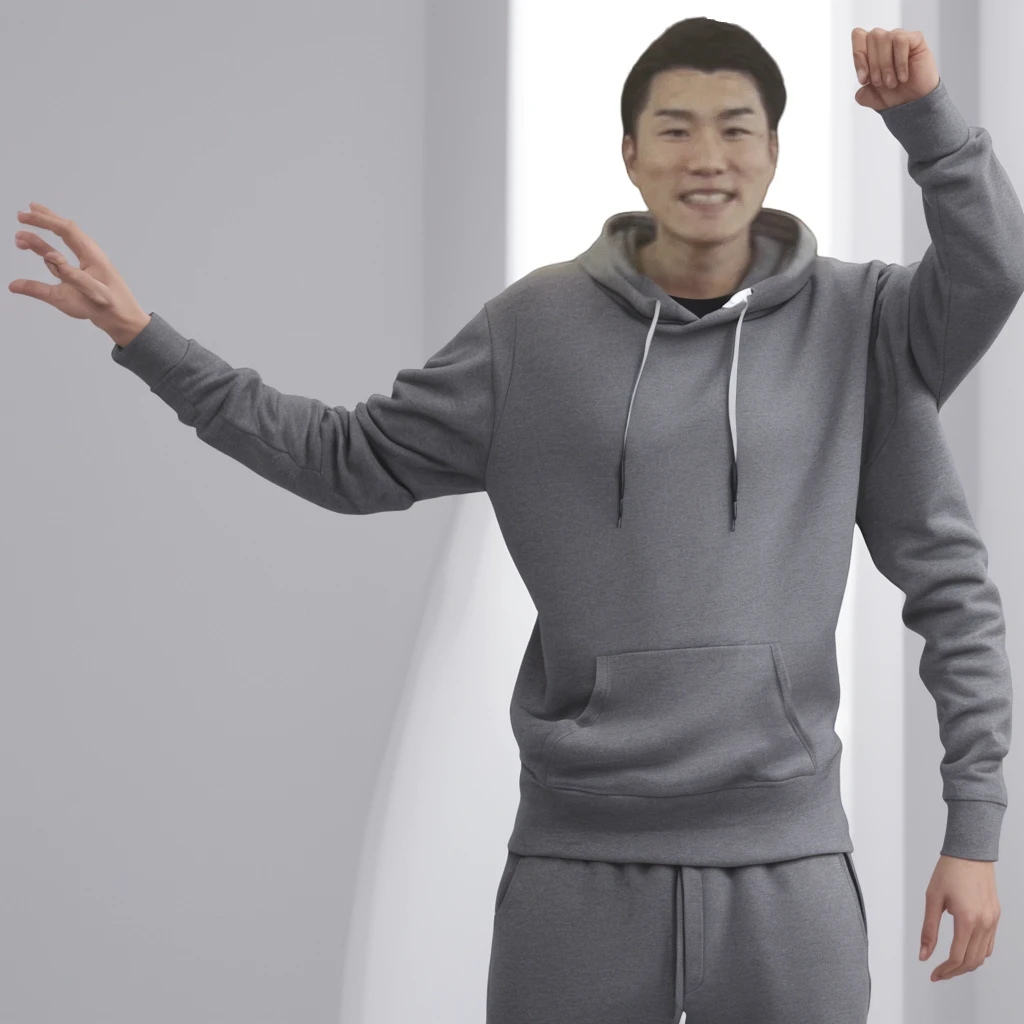 Male whole body、upright、Gray hoodie、Long sleeves、Detailed hands、Asian、Pure white background、With arms outstretched、Wearing black pants、Long length、Black sneakers、Both arms are straight、joint、