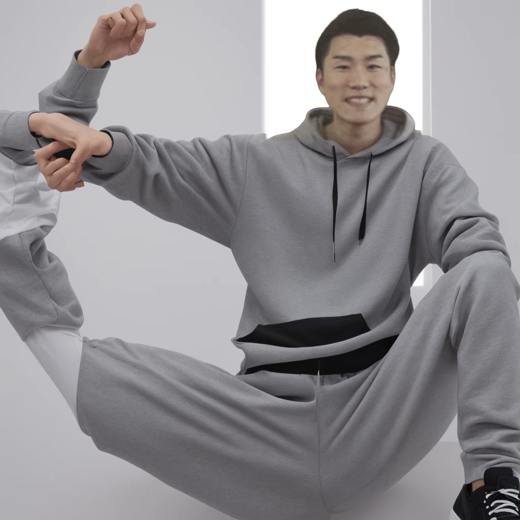 Male whole body、upright、Gray hoodie、Long sleeves、Detailed hands、Asian、Pure white background、With arms outstretched、Wearing black pants、Long length、Black sneakers、Both arms are straight、joint、