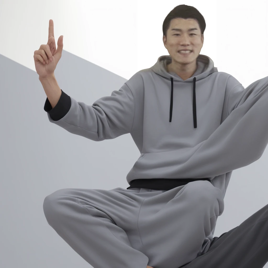 Male whole body、upright、Gray hoodie、Long sleeves、Detailed hands、Asian、Pure white background、With arms outstretched、Wearing black pants、Long length、Black sneakers、Both arms are straight、joint、