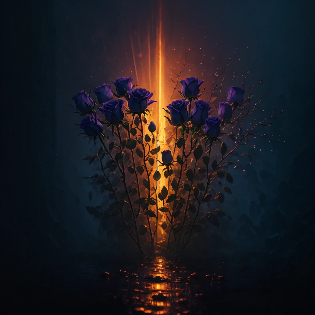 three purple roses with water droplets on them in a dark background, an airbrush painting by Shirley Teed, trending on deviantart, art nouveau, glowing flowers, translucent roses ornate, magical flowers, luminous flowers, beautiful flowers and crystals, beautiful!!! digital art, beautiful!!!!!!!!!, magical colorful flowers, ❤🔥🍄🌪, glowing neon flowers, elegant!!, beautiful depiction
