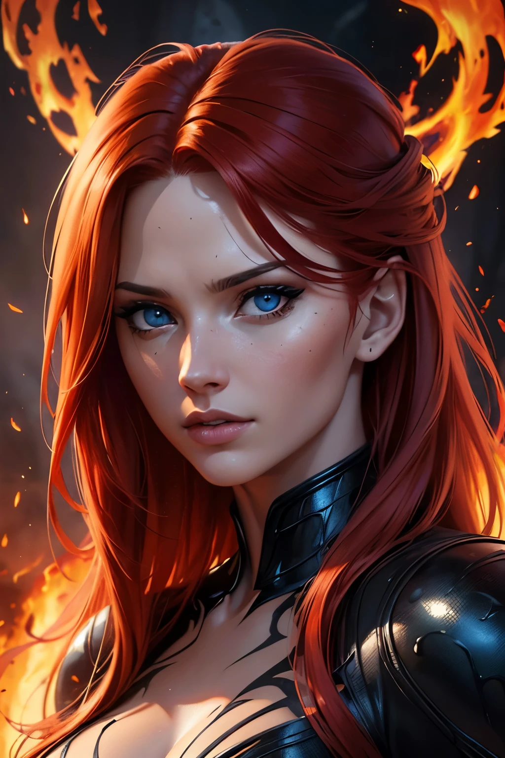 (((medium full shot))), (Masterpiece, photorealistic, photorealism, best quality, ultra-detailed:1.3), (nice hands, perfect hands), official art, cinematic light, (1girl:1.3), adult, sexy, long red hair, pretty, confident, black symbiote, venom symbiote, gray eyes, venom transformation, corruption, slime (substance), naturalism, hyper detailed, realistic
a woman with red hair and blue eyes is surrounded by fire, highly realistic digital art, smoldering, magic colors, haunting beautiful young woman, inspired by Fred Cress, radiating with power, closeup portrait of an mage, made of lava, photorender