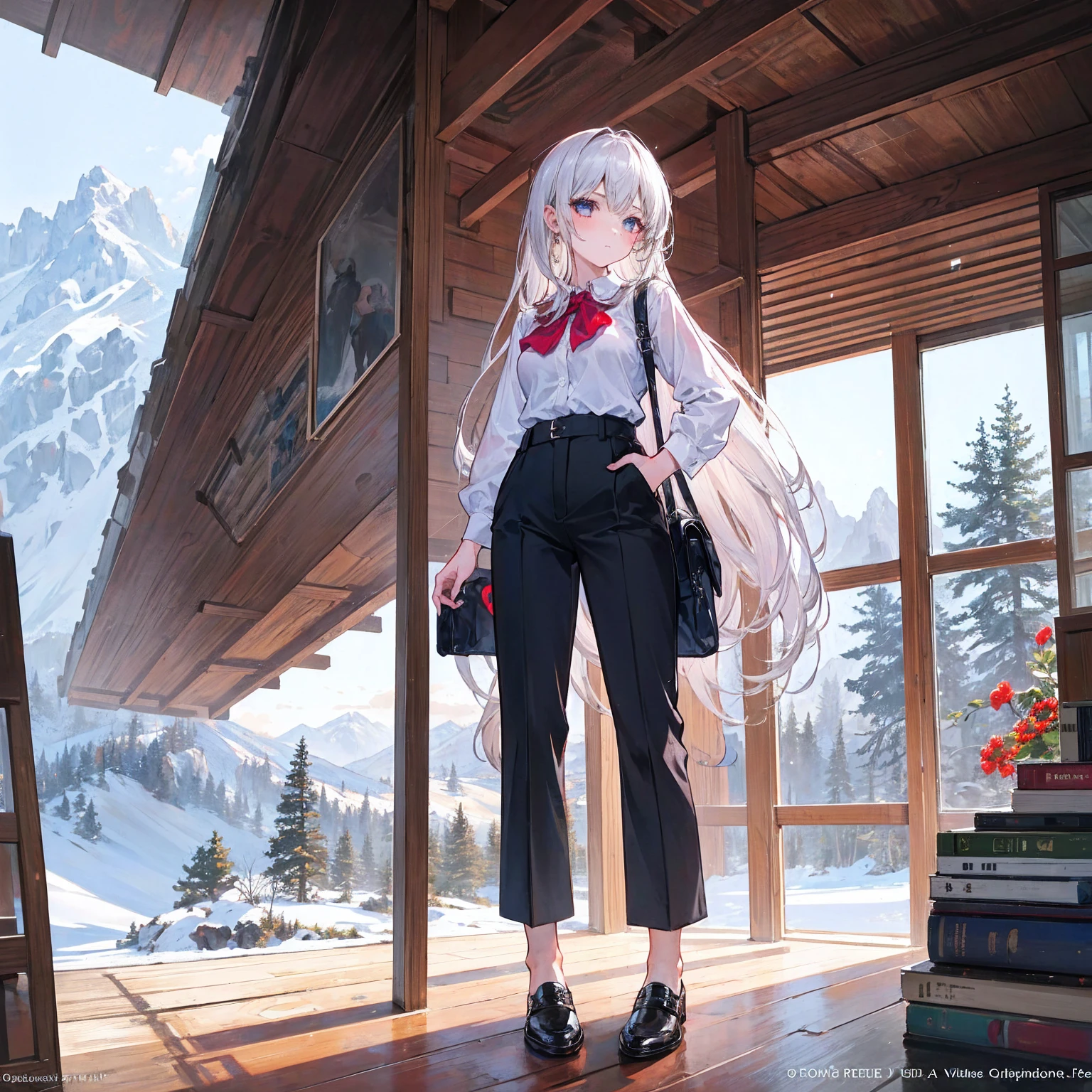 (1girl:1.6), full body, Ankle-length trousers and a blouse, BREAK, A charming, sunlit Swiss chalet with snow-covered mountains in the background, cute animals,, (masterpiece, top quality, best quality, official art, beautiful and aesthetic:1.3), extreme detailed,highest detailed,(ultra-detailed),((an extremely delicate and beautiful))