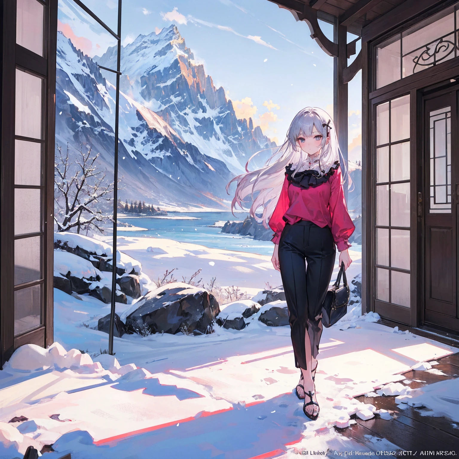 (1girl:1.6), full body, Ankle-length trousers and a blouse, BREAK, A charming, sunlit Swiss chalet with snow-covered mountains in the background, cute animals,, (masterpiece, top quality, best quality, official art, beautiful and aesthetic:1.3), extreme detailed,highest detailed,(ultra-detailed),((an extremely delicate and beautiful))