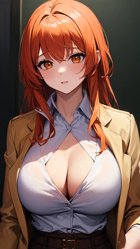 (Masterpiece:1.4), (best quality:1.2), yoo sangah, 1girl, white shirt, brown jacket, orange hair, upper body, big breast, cleavage