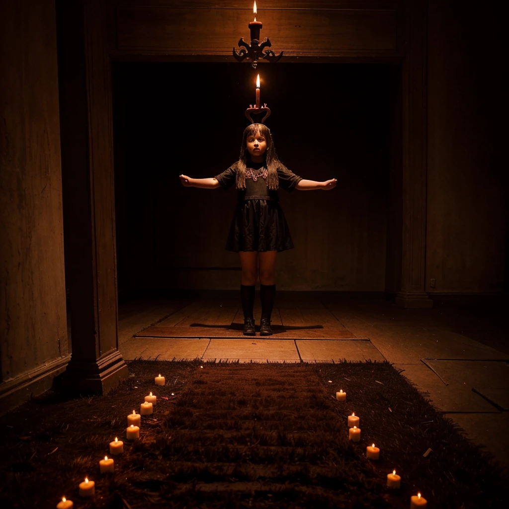 Full body view of an 8 year old girl performing a Satanic ritual to dedicate her soul to father Satan in a satanic temple