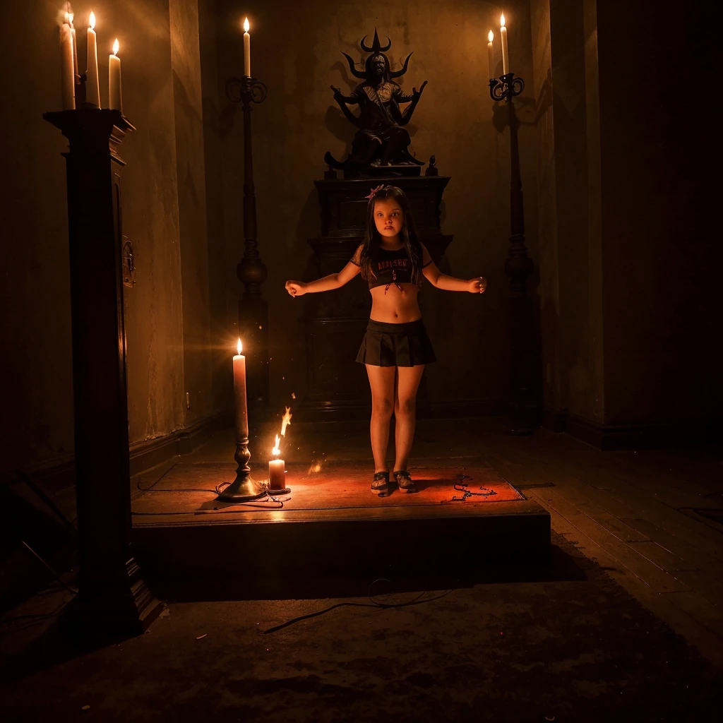 Full body view of an 8 year old girl performing a Satanic ritual to dedicate her soul to father Satan in a satanic temple