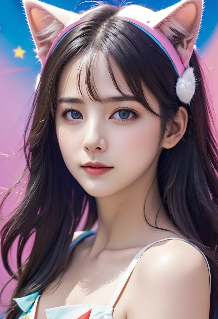 (masterpiece, best quality), ((1 girl, (aldult) Long hair), (Star-shaped pupil, +_+, Symbol-shaped pupil, Bright Eyes), (Cat ears, open mouth)), (Looking at the audience, A faint smile, Off-shoulder), (Abstract, Colored background, Abstract background, Chromatic Aberration),