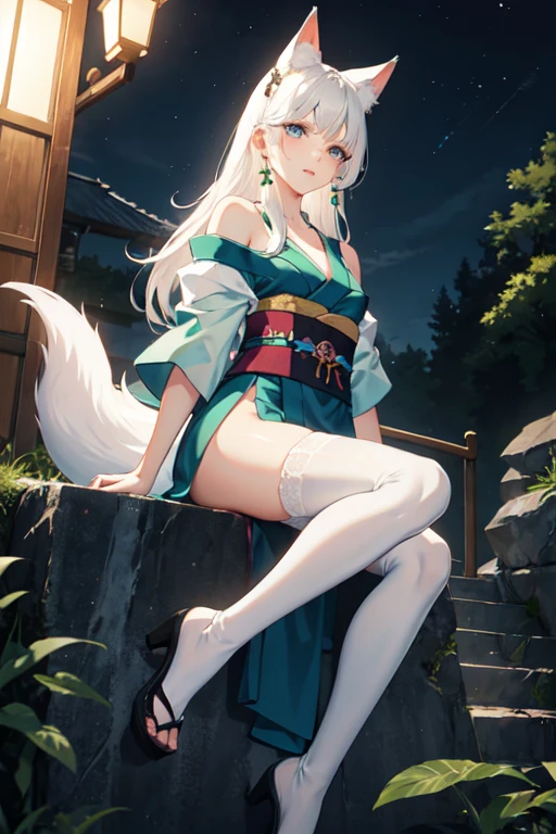 ((best quality)), ((masterpiece)), (detailed), Anime 18-year-old woman with white hair and blue eyes sitting on the stone steps by the river bank at night, Fox tail,Fox ears,long hair ,headgear, Waist ornaments,Anime style 4k, Elegant emerald green kimono,Kimono covers the buttocks,Shoulder straps,White(Over-the-knee lace stockings),Off-shoulder, Best anime 4K wallpapers, Anime Art Wallpaper ,Small Breasts,Muscle lines are not obvious,seductive posture,natural posture,whole body,High viewing angle