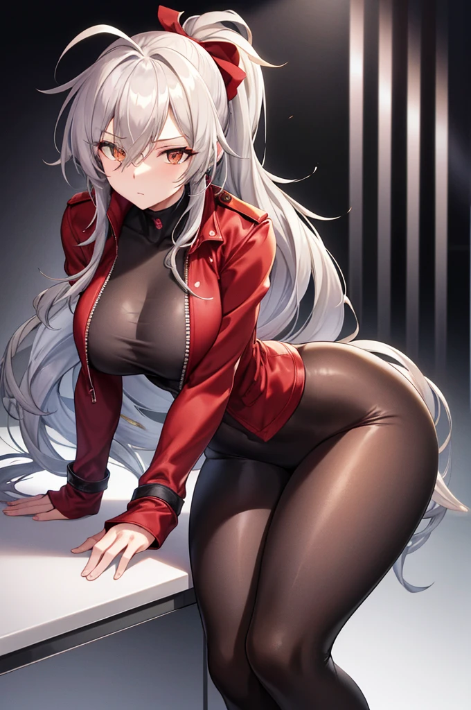 Tall, slim, She has long grey hair tied back in an enormous, messy ponytail that reaches down to her thighs, hair covering one eye, she wears a red jacket, wearing a black full-body suit, golden eyes, laboratory background, wide hips, resting breasts on a table, fit, close up