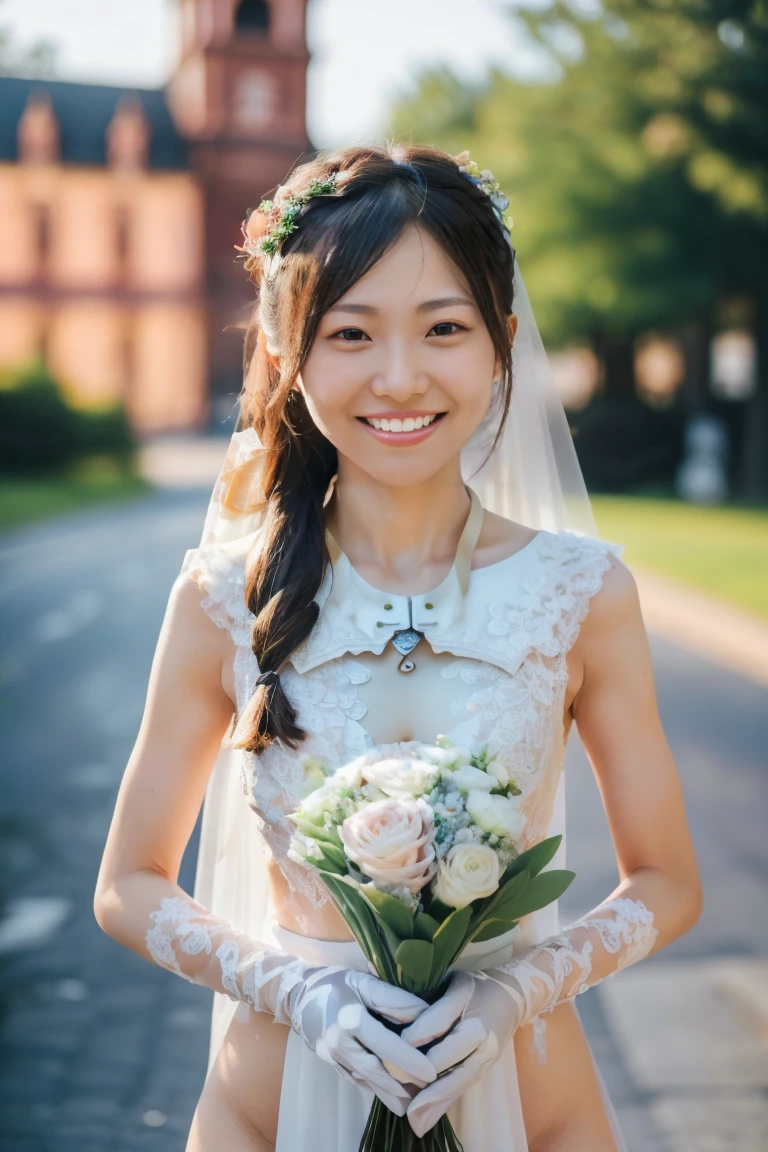 (Highest quality、Tabletop、8K、Best image quality、Award-winning works)、One beautiful bride、(alone:1.1)、(very pretty white sparkly wedding dress:1.2)、(A line wedding dress:1.2)、(long white gloves:1.2)、(holding a bouquet:1.5)、(Perfect Wedding Lace:1.2)、(The most gorgeous and luxurious giant tiara:1.1)、(The most extravagant and luxurious giant necklace:1.1)、((Look at me with your best smile:1.5))、((View your viewers:1.5))、((Looking into the camera:1.5))、A wide selection of the finest jewellery、Cowboy Shot、Perfect Makeup、Long eyelashes、Ultra HD Shining Eyes、Ultra HD Hair, 38 years old、((Skinny:1.7))、((flat chest:1.8))、((slender body:1.5))、((Medium sized breasts:1.5))、Ultra-high resolution glossy lips、Ultra High Resolution Perfect Teeth、Super high resolution beautiful face、(Accurate anatomy:1.1)、(Very bright and beautiful skin:1.2)、(very bright and vivid:1.2)、((Perfect beautiful bridal hairstyles))、(A gorgeous and elegant church:1.2)、(A gorgeous and beautiful church:1.2)、(Front facing body:1.1)、(The most romantic atmosphere:1.1)、(Strongly blurred background:1.1)、(Calm and warm lighting:1.1)、