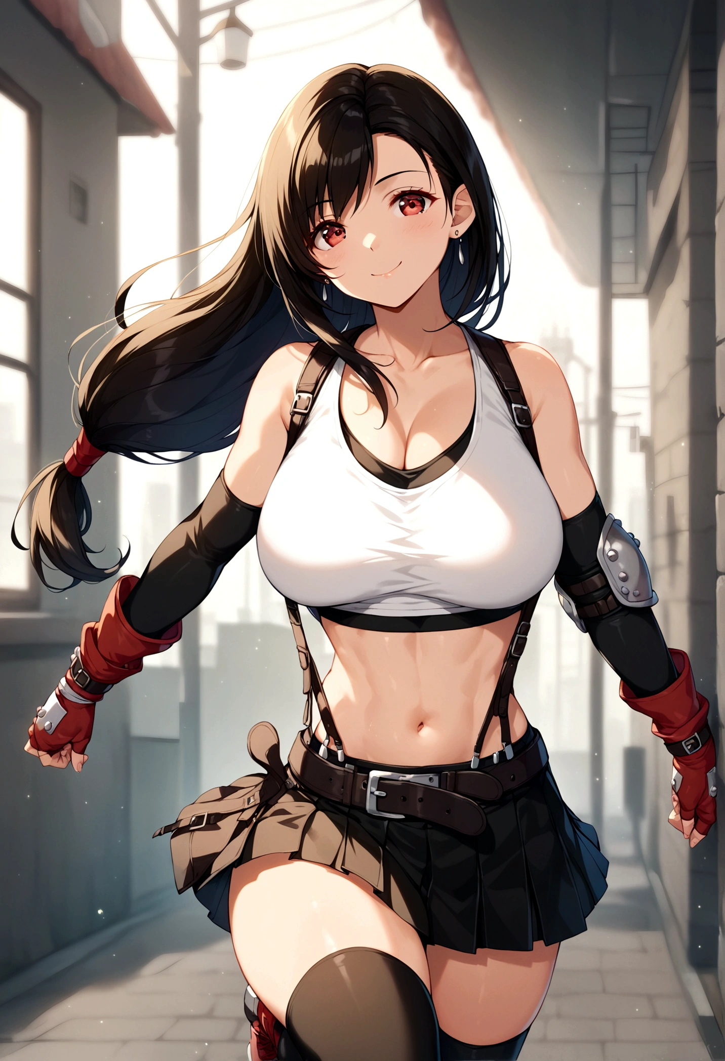 score_9, score_8_up, score_7_up, score_6_up, score_5_up,,rating_safe. BREAK , (from front.from front,front view ,feet focus,standing,straight-on,,(upperbody),looking_at_viewer ,1girl, tifa lockhart, final fantasy, tareme,black hair, low-tied long hair, red eyes, bangs, (white tank top, belt, pleated skirt, thighhighs, elbow fingerless gloves, elbow pads, midriff, navel,suspender skirt) ,large_breasts,(light smile),,,Solo,,(daytime and beachside and city),(best quality),(aesthetic,very aesthetic),,highly detailed,,depth of field,,professional lighting,cinematic lighting, ,running,