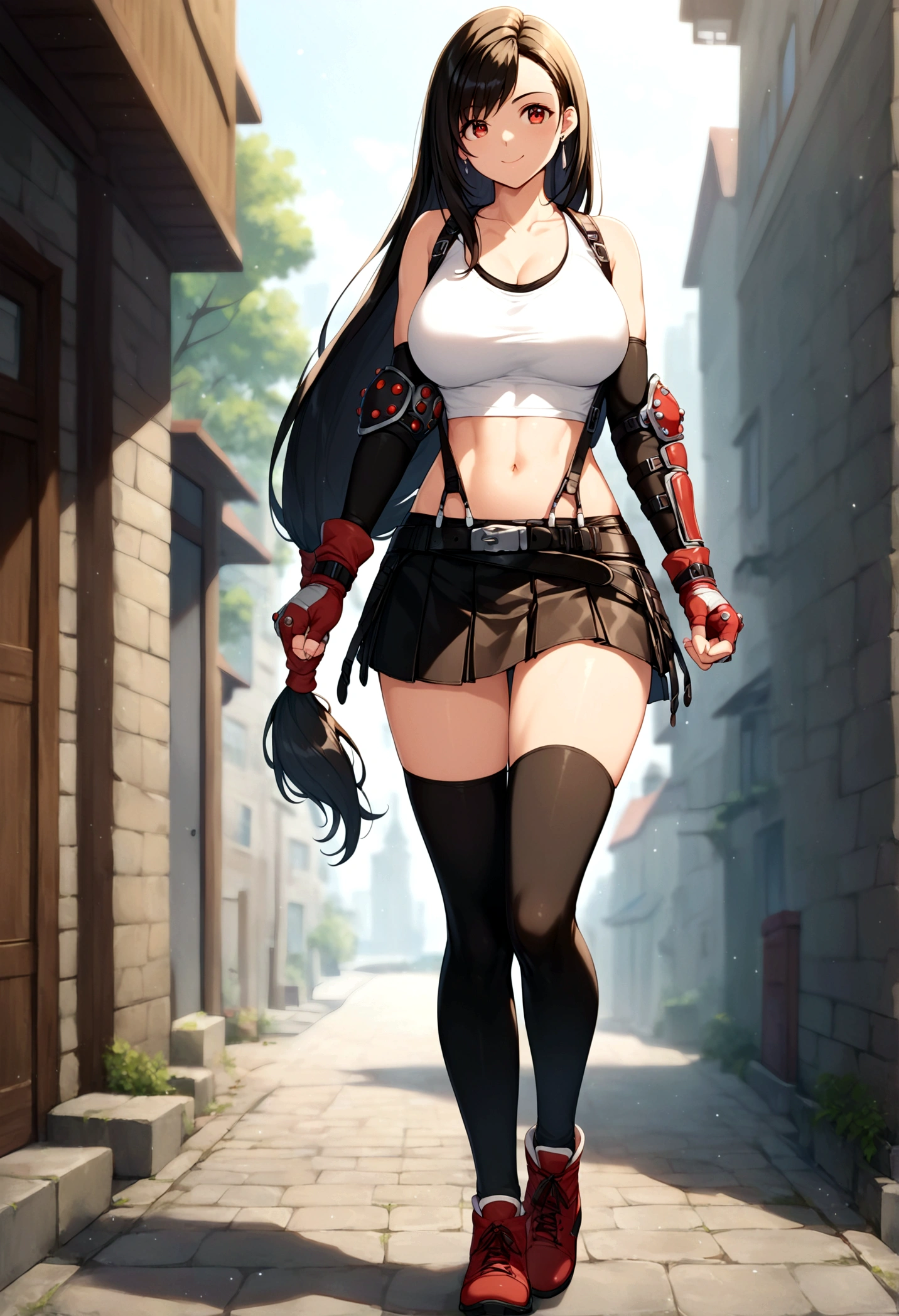 score_9, score_8_up, score_7_up, score_6_up, score_5_up,,rating_safe. BREAK , (from front.from front,front view ,feet focus,standing,straight-on,,(upperbody),looking_at_viewer ,1girl, tifa lockhart, final fantasy, tareme,black hair, low-tied long hair, red eyes, bangs, (white tank top, belt, pleated skirt, thighhighs, elbow fingerless gloves, elbow pads, midriff, navel,suspender skirt) ,large_breasts,(light smile),,,Solo,,(daytime and beachside and city),(best quality),(aesthetic,very aesthetic),,highly detailed,,depth of field,,professional lighting,cinematic lighting, ,running,