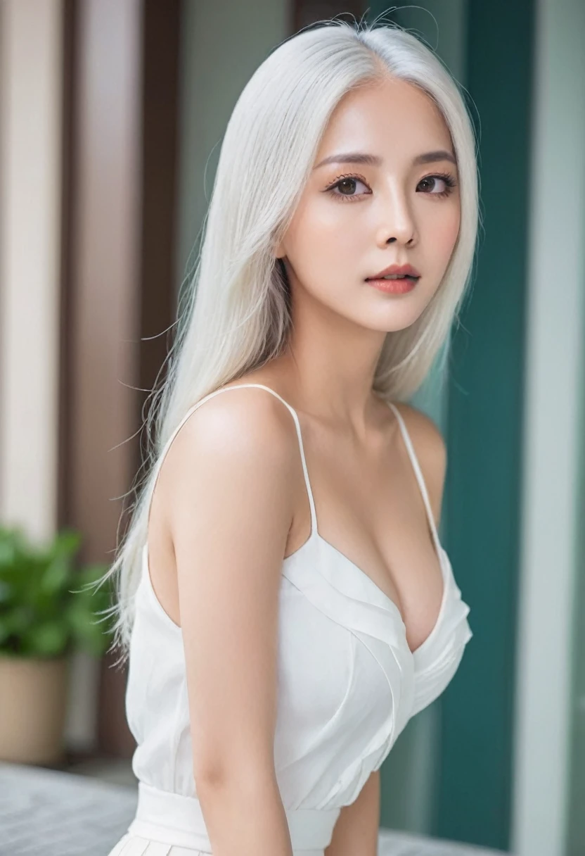 Beautiful woman，Have a perfect body：1.4，Layered Hairstyle，Prominent cleavage，Bikini：1.5，Super short pleated skirt，whole body，Highly detailed face and skin texture，Double eyelids，Skin Whitening，Long white hair
