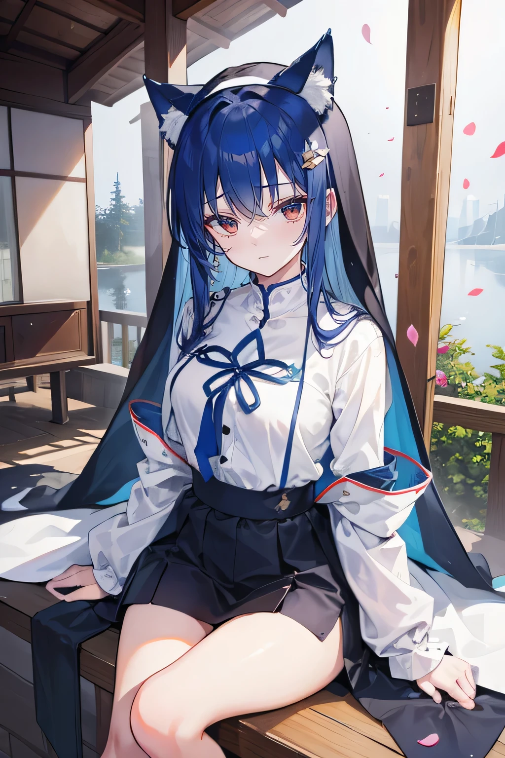 (masterpiece:1.2),Super detailed,lifelike,Expressive eyes,fair skin,perfect face shape,1 girl,
Japanese comics,Gorgeous blue hair,flowing blue hair,flowing clothes,Cat ears,Petals fall,beautiful lola,Baby Angel,
Shaking head with one hand,Cross your legs,Gentle and peaceful background,The pavilion is cool and comfortable,smile, wearing hoodie,back views,snowing, winter,lie on the water. (Best Quality: 1.3), (Masterpiece: 1.3), (Illustration: 1.3), (Ultra Detailed: 1.3), (Imide Lens: 0.9), 1girl, Medium Breasts, Purple Eyes, ((Dark Blue Hair) ), hair accessories, young, clothing-gladiia, long hair, dark blue hair, indoors, black shorts, high socks, low ponytail, expressionless, upper body, close-up, coat, skirt,Nun's Clothes。