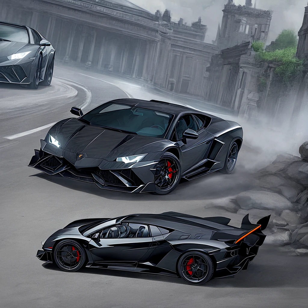 Image of a black Lamborghini, its headlights on, in a ghost castle
