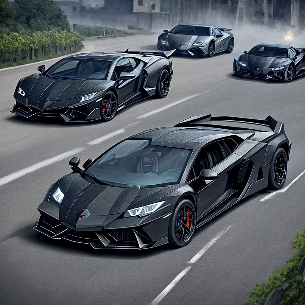 Image of a black Lamborghini, its headlights on, in a ghost castle