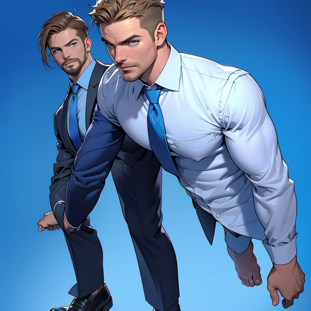 1 man, male focus solo, middle aged man,Stephen AMELL as private investigator, lean muscle,very light blue shirt, marine blue businessman suit ,( red tie) ,( big bulge), full body shot, dark blond short hair, well groomed facial hair, holding a gun with one hand, , ultra high quality, masterpiece, (clear intense splashed blue and white paint in the blackground)