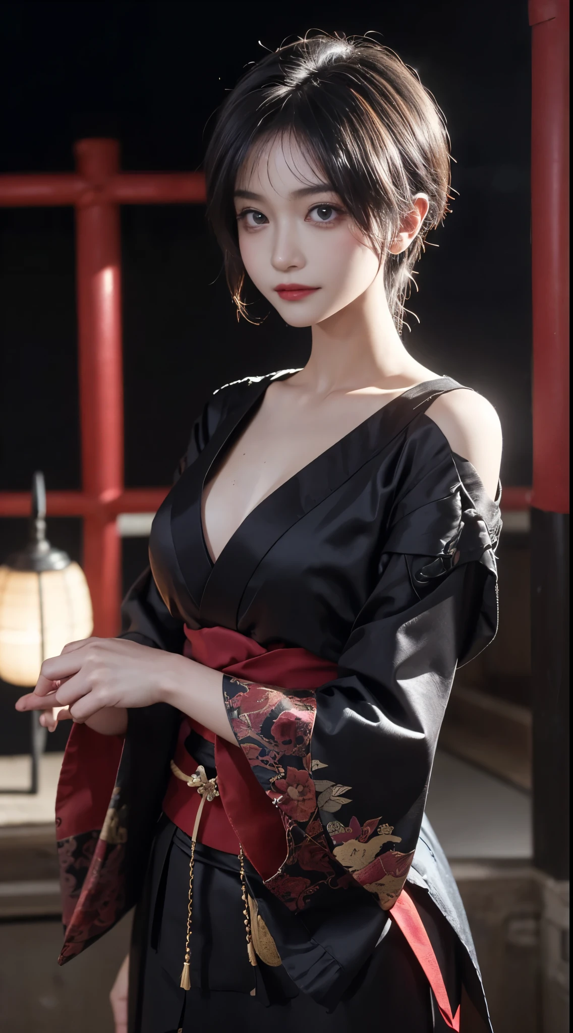 8K Ultra HD, Digital SLR,Film Grain, Fujifilm XT3,(highest quality:1.3), (masterpiece:1.1), High resolution, Cinematic Light, Intricate details, (Realistic) (ht view) Realistic backlight、Dramatic reddish light、Beautiful Japanese Geisha full body photo, ((Facxture Pore details)), Grin、Devilish smile, Simple messy hairstyle, She wears a black satin kimono decorated with traditional dragon motifs.., Open shoulders, Colorful dragon tattoos all over the body,(( Holds a long-bladed Japanese sword)), Inside a traditional villa, 8k, Front blur