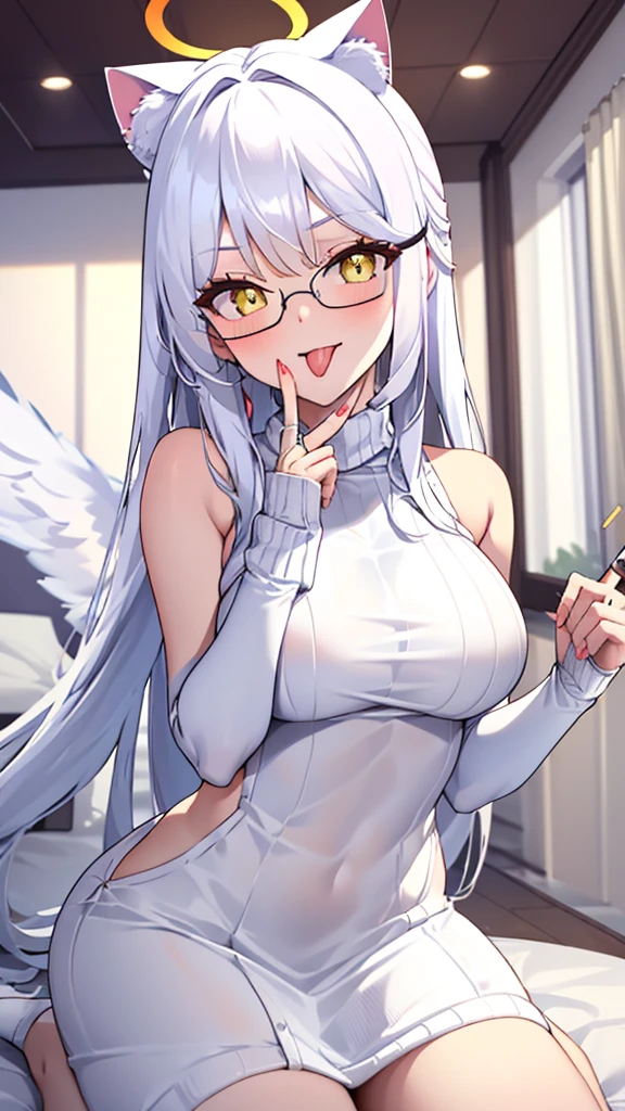 A 20-year-old female angel with long, white hair, yellow eyes, white cat ears, and large white angel wings. yellow halo ring round white glasses (White halter turtleneck sweater, white purekiller sweater, sleeveless, sexy backless sweater, white dress) White arm warmers, stick out tongue, bedroom