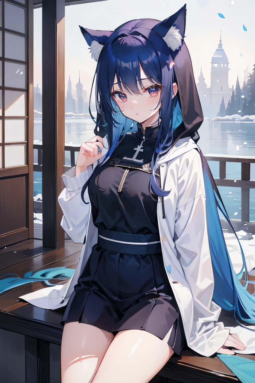 (masterpiece:1.2),Super detailed,lifelike,Expressive eyes,fair skin,perfect face shape,1 girl,
Japanese comics,Gorgeous blue hair,flowing blue hair,flowing clothes,Cat ears,Petals fall,beautiful lola,Baby Angel,
Shaking head with one hand,Cross your legs,Gentle and peaceful background,The pavilion is cool and comfortable,smile, wearing hoodie,back views,snowing, winter,lie on the water. (Best Quality: 1.3), (Masterpiece: 1.3), (Illustration: 1.3), (Ultra Detailed: 1.3), (Imide Lens: 0.9), 1girl, Medium Breasts, Purple Eyes, ((Dark Blue Hair) ), hair accessories, young, clothing-gladiia, long hair, dark blue hair, indoors, black shorts, high socks, low ponytail, expressionless, upper body, close-up, coat, skirt,Nun's Clothes。
