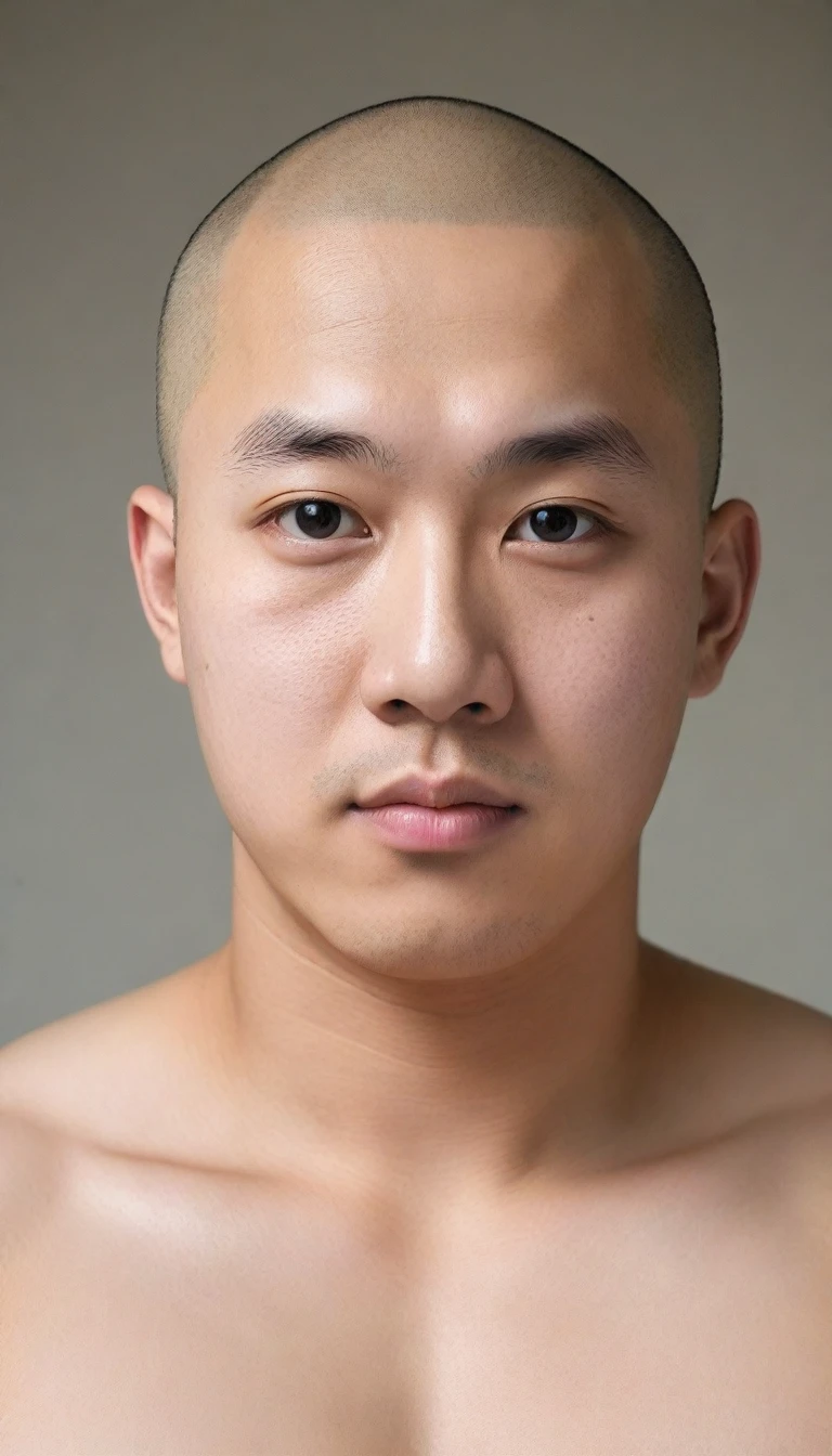 HIRO, Asian cute fat man, big eyes, bald head, round face,20 years old, very developed chest muscles, short chin, *********, tall man, looking at the camera, no coat, bare upper body, oriental man, front photo,