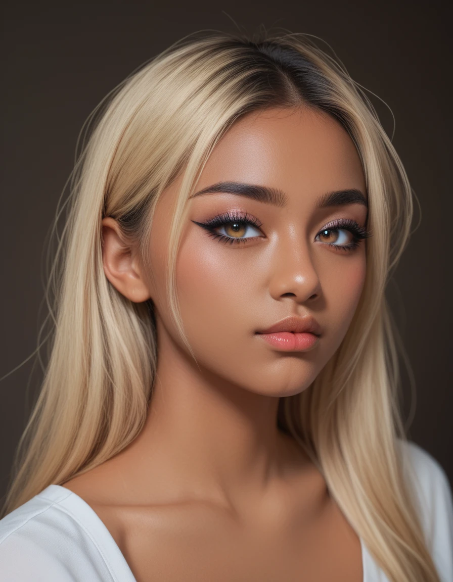 score_9, score_8_up, score_7_up,best quality, masterpiece, highres, (detailed:1.4), 1 girl, blonde hair, (dark skin:1.3), extremally thin eyebrows , thick bluish eyeshadow, thick black eyeliner, Highlighted eyes with eyeliner, false eyelashes