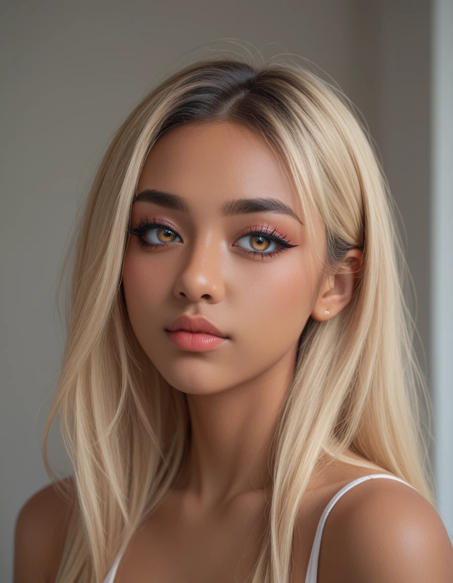 score_9, score_8_up, score_7_up,best quality, masterpiece, highres, (detailed:1.4), 1 girl, blonde hair, (dark skin:1.3), extremally thin eyebrows , thick bluish eyeshadow, thick black eyeliner, Highlighted eyes with eyeliner, false eyelashes