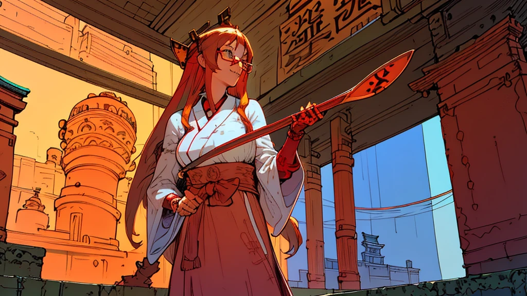 intricate detailed,realistic,from below,
1girl,23yo,blue eyes, wearing red glasses,strawberry blonde hair,long hair, (white skin),big smile,large breasts,
miko,Chihaya,red hakama,holding kagura bell,
Precincts of the shrine,red torii,looking away,looking up,
