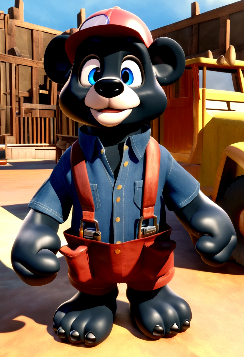 a Disney Pixar movie poster showing a friendly medium sized black bear smiling. The black bear is dressed as a handyman and is hairy and furry. The black bear also has a bright blue collar around its neck and has colored eyes. The black bear is also holding a wrench on its left hand and a tool bag on its right hand. The background is white. 3D-rendering