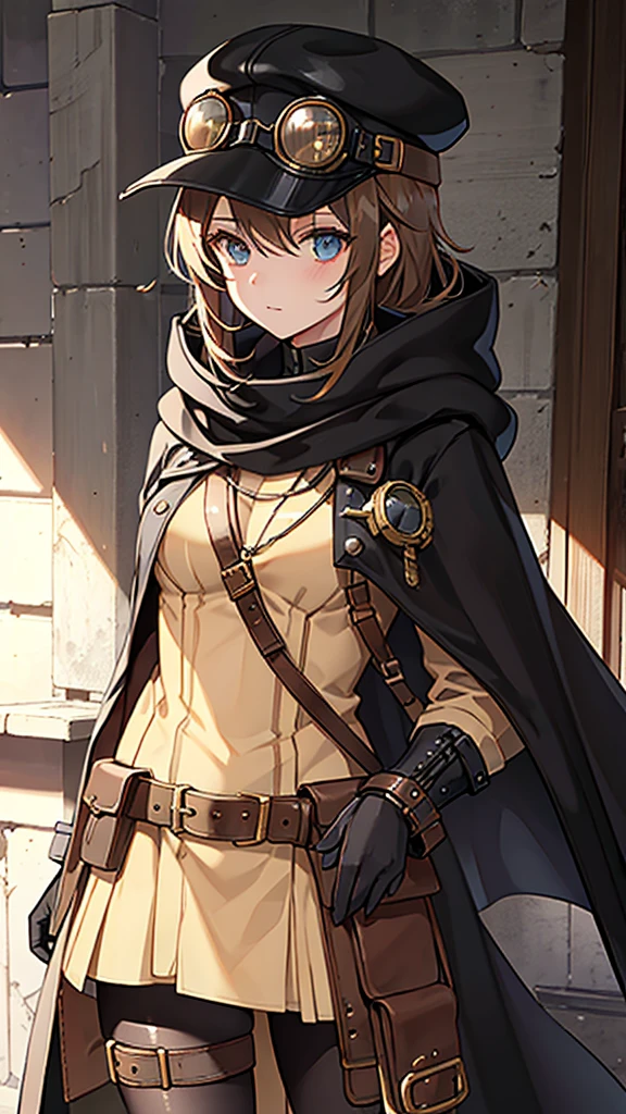 1girl, tan dress, black cloak, leather cap, goggles, steampunk