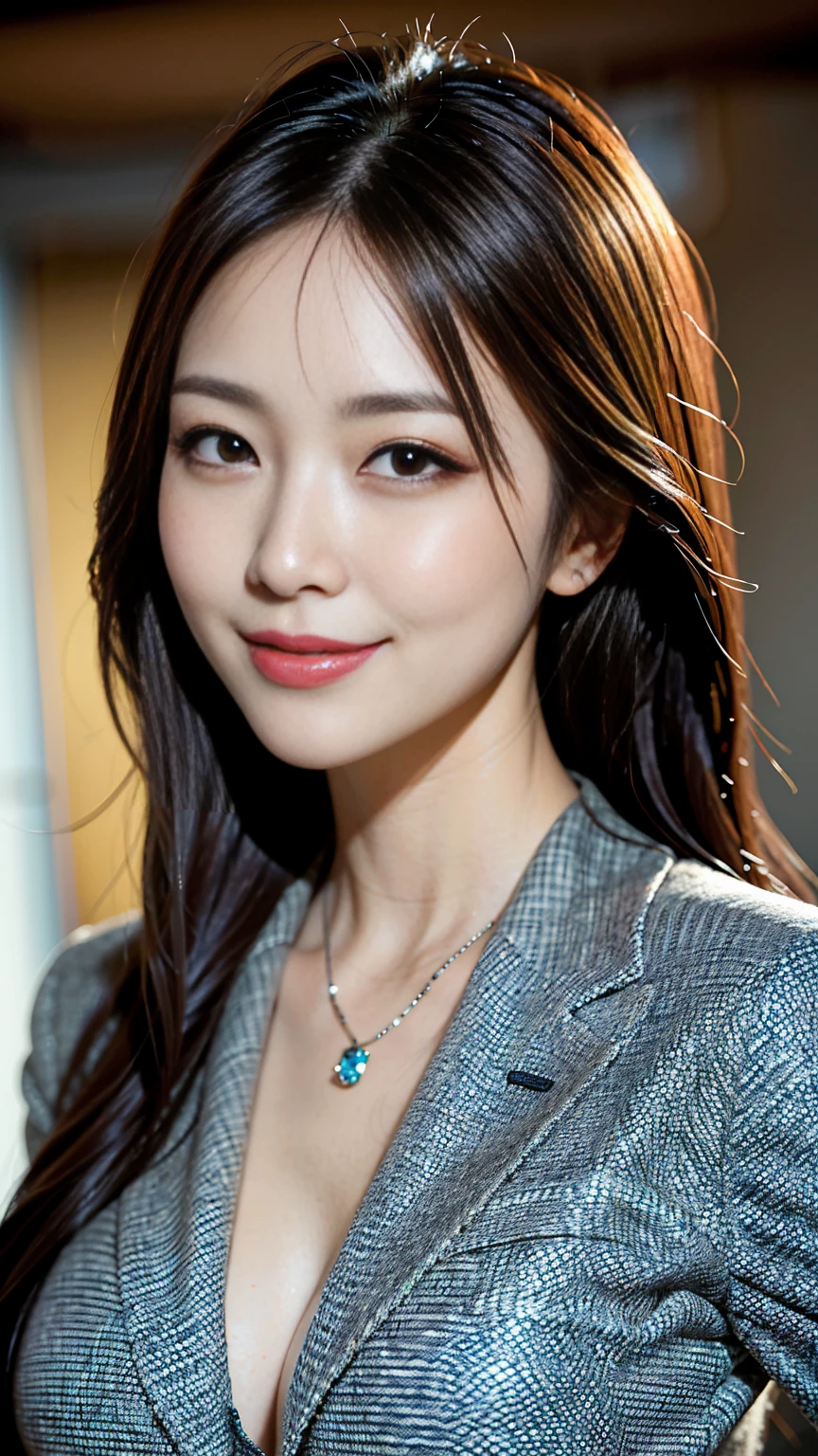 Tabletop, Highest quality, Realistic, Very detailed, finely, High resolution, 8k wallpaper, One beautiful woman,, Light brown messy hair, Wearing a business suit, Sharp focus, Perfect dynamic composition, Beautiful and detailed, Thin Hair, Detailed Realistic skin texture, smile, Close-up portrait, Model Body Type、Big Breasts、Reality